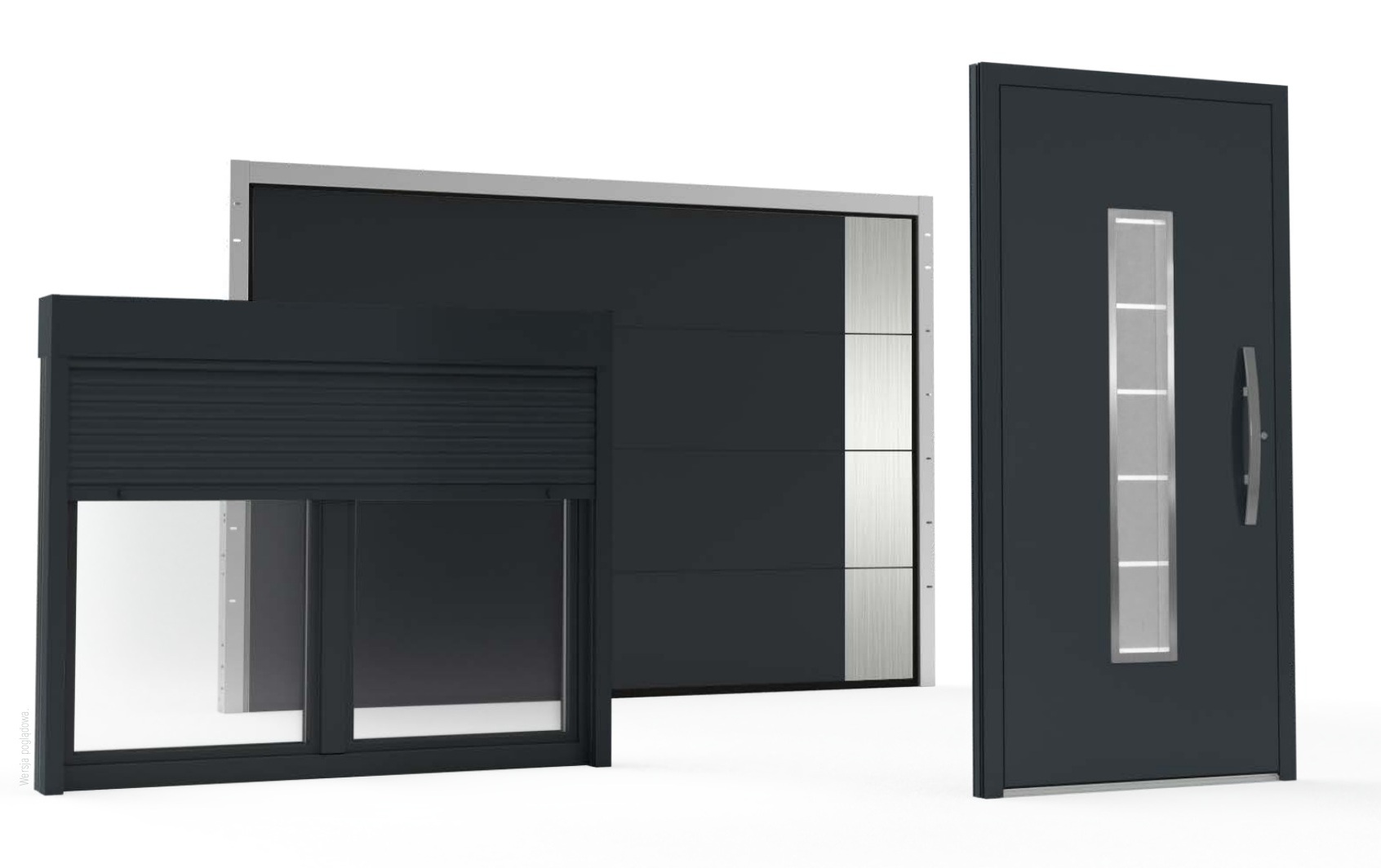 Anthrazitfarbenes Fenster, Rollladen, Haustür und Garagentor der All in One Design Linie Verona