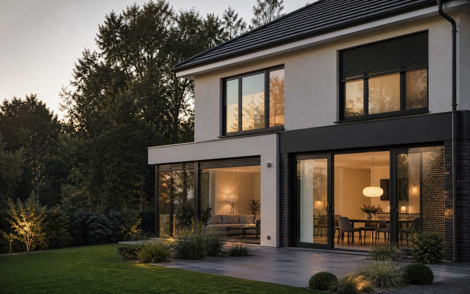 Modernes Wohnhaus mit großen Fenstern und Terrassentüren
